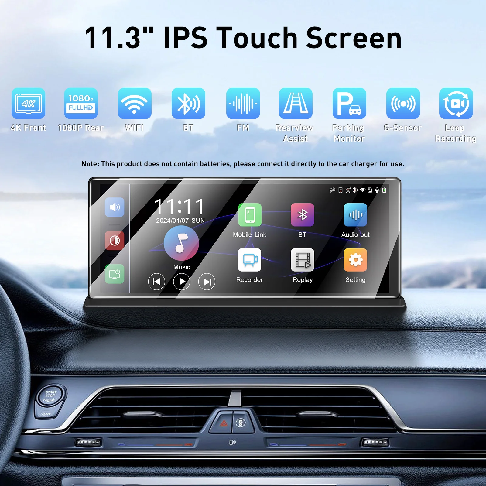XGODY 11.3 بوصة شاشة لمس محمولة لاسلكية CarPlay Android Auto FM راديو السيارة ستيريو GPS