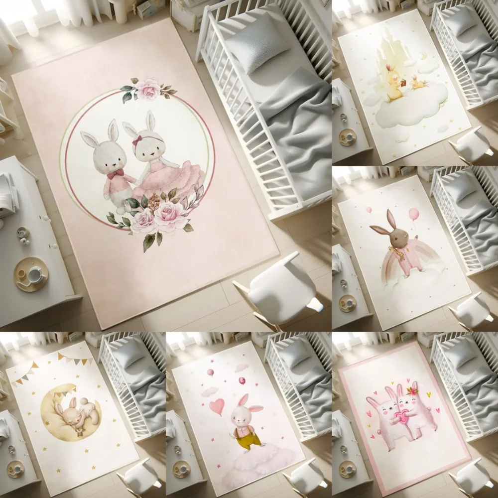 Cute Cartoon Bunny Area Rug for  Soft Non-Slip Washable Rabbit Print Carpet for  Bedroom  Home Decor