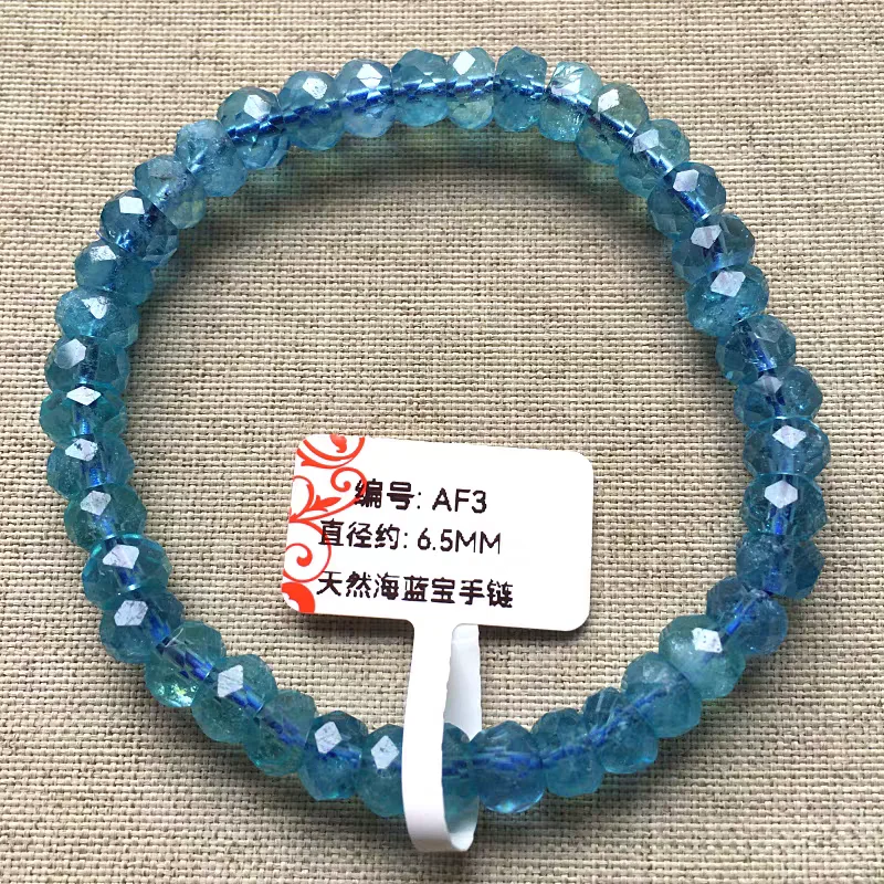 Natural Blue Aquamarine Clear Round Beads Bracelet 6.5mm Women Men Brazil Stretch Blue Aquamarine Jewelry AAAAA