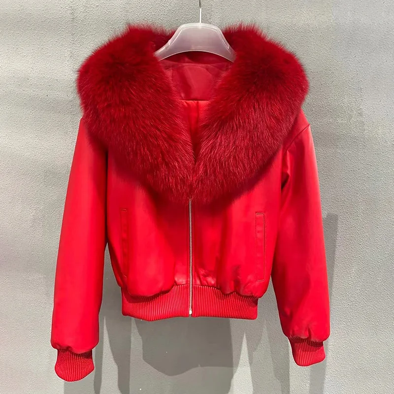 New Women Leather Jackets Genuine Sheepskin Coat Fox Fur Collar Full Sleeve Zipper Fashion Autumn Winter Outwear GT5076