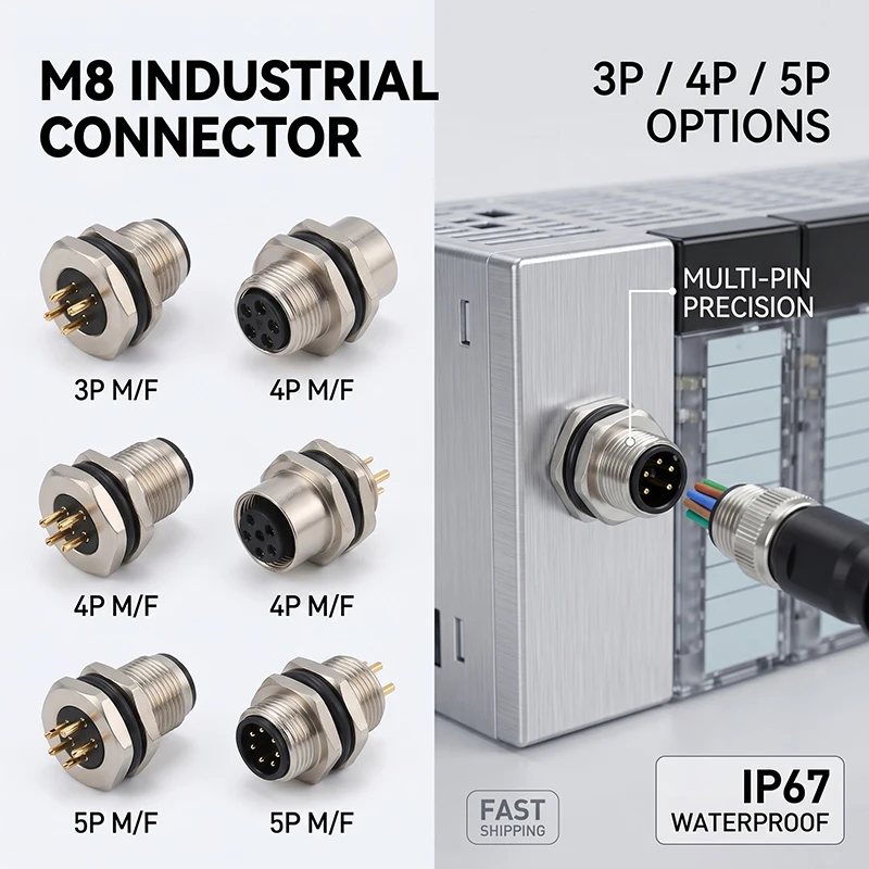 Waterproof M8 A-Type Sensor Connector Panel Back Mount Flange Socket with Threaded Coupling, Male/Female 3Pin 4Pin 5Pin Options