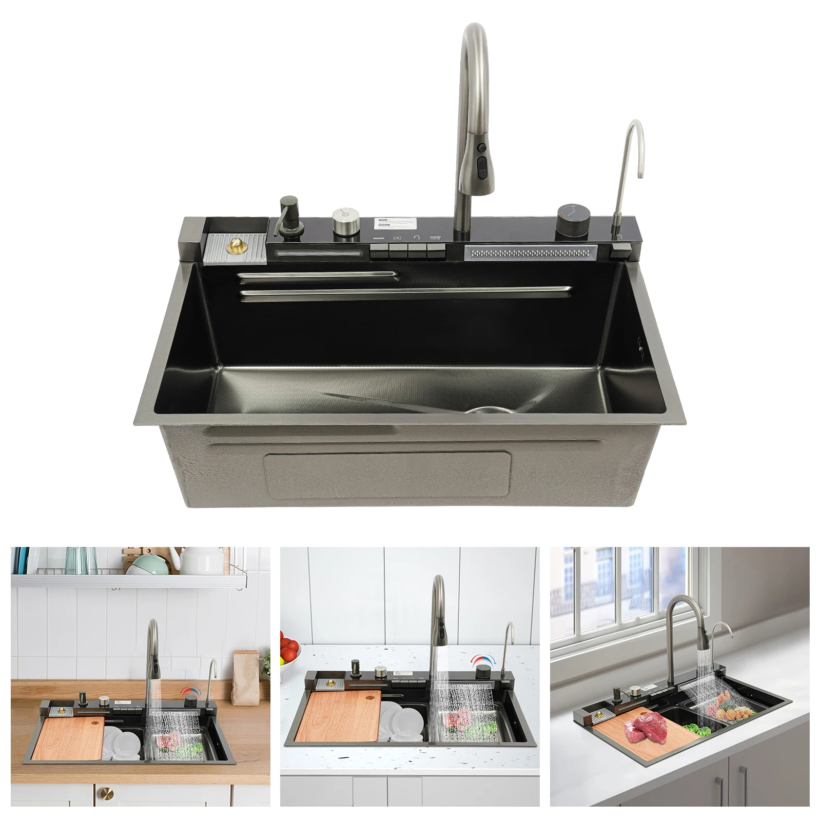 Modern Stainless Steel Rectangular Kitchen Sink 75x46x22cm Gun Grey with Pull-out Faucet Chopping Board Draining Bask