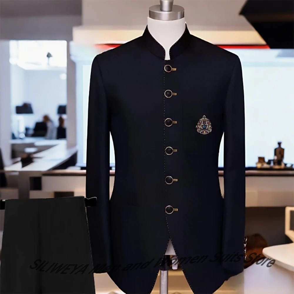 Luxury Black Men's Suits Mandarin Collar Single Breasted 2 Piece Set Formal Bandhgala Jacket+Pants Wedding Party Male Clothing