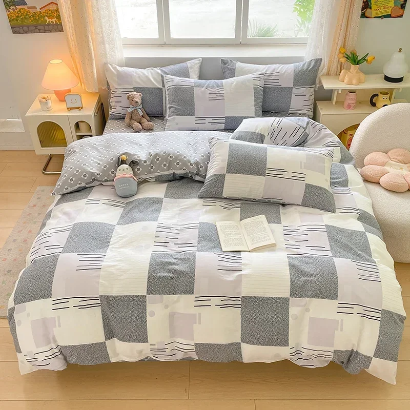 Plaid Grey 100% Cotton Duvet Cover Set Comfy Simple Style Soft Breathable Textured Durable Bedding for All Seasons Home Decor