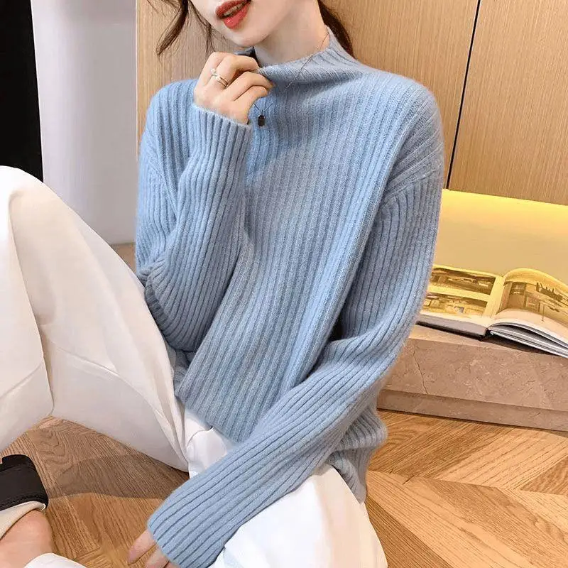

Autumn Fashion Slimming Base Layer Shirt Korean Style Casual Elegant Loose Long Sleeve Half High Neck Women's Knitted Sweater