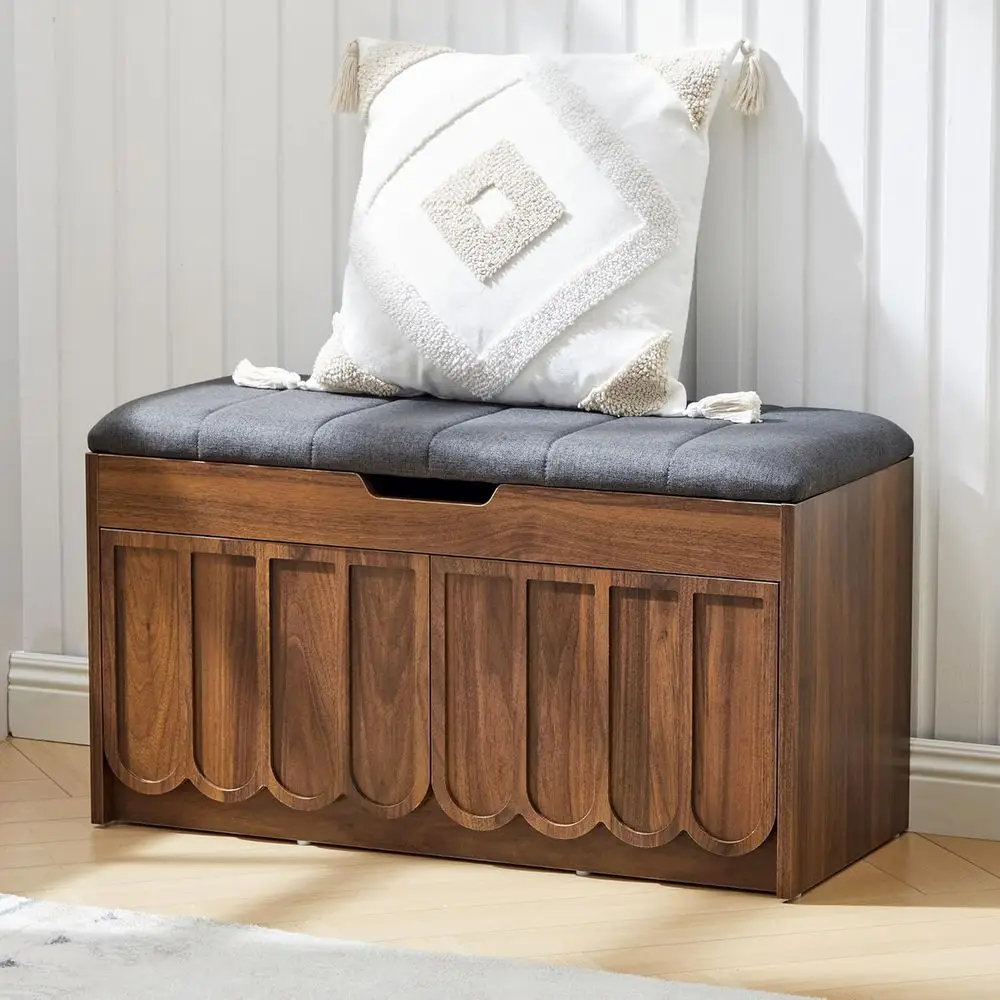 

Scalloped Door Shoe Cabinet Bench with Cushion and Adjustable Shelves, 2-Tier Rack Organizer for Entryway, Hallway, Living Room