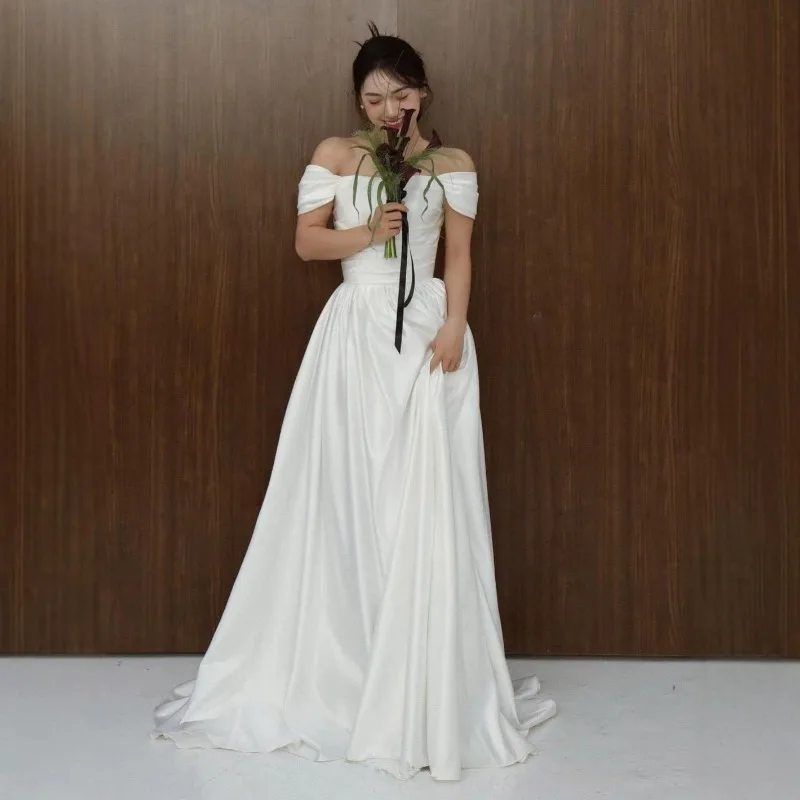 Off‑the‑Shoulder Satin Wedding Dress Simple A Line Floor Length Bridal Gown Pleated Bodice Custom Color Wedding Photo Shoot