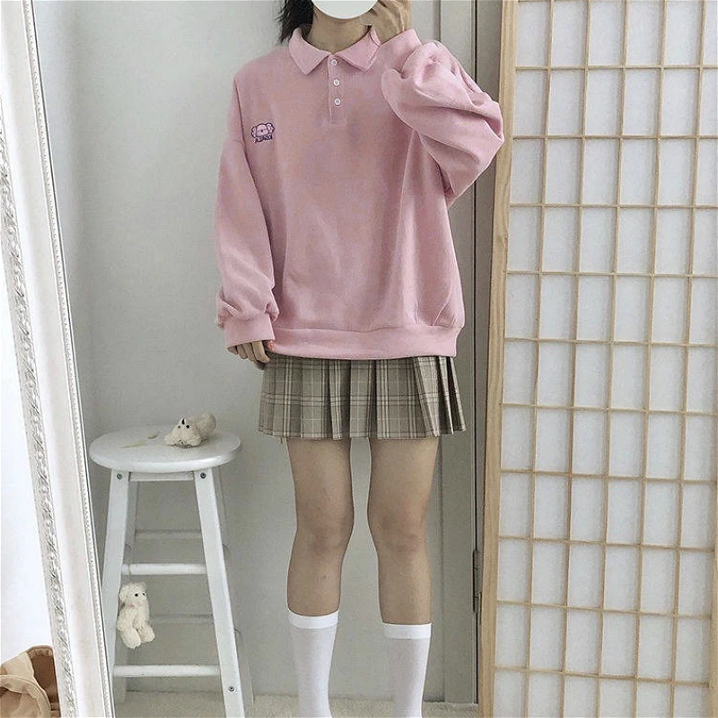 Hoodies Women Kawaii Japanese Style Pink Cartoon New Autumn Winter Schoolgirls Chic Tops Sweet Simple Casual Womens Sweatshirts