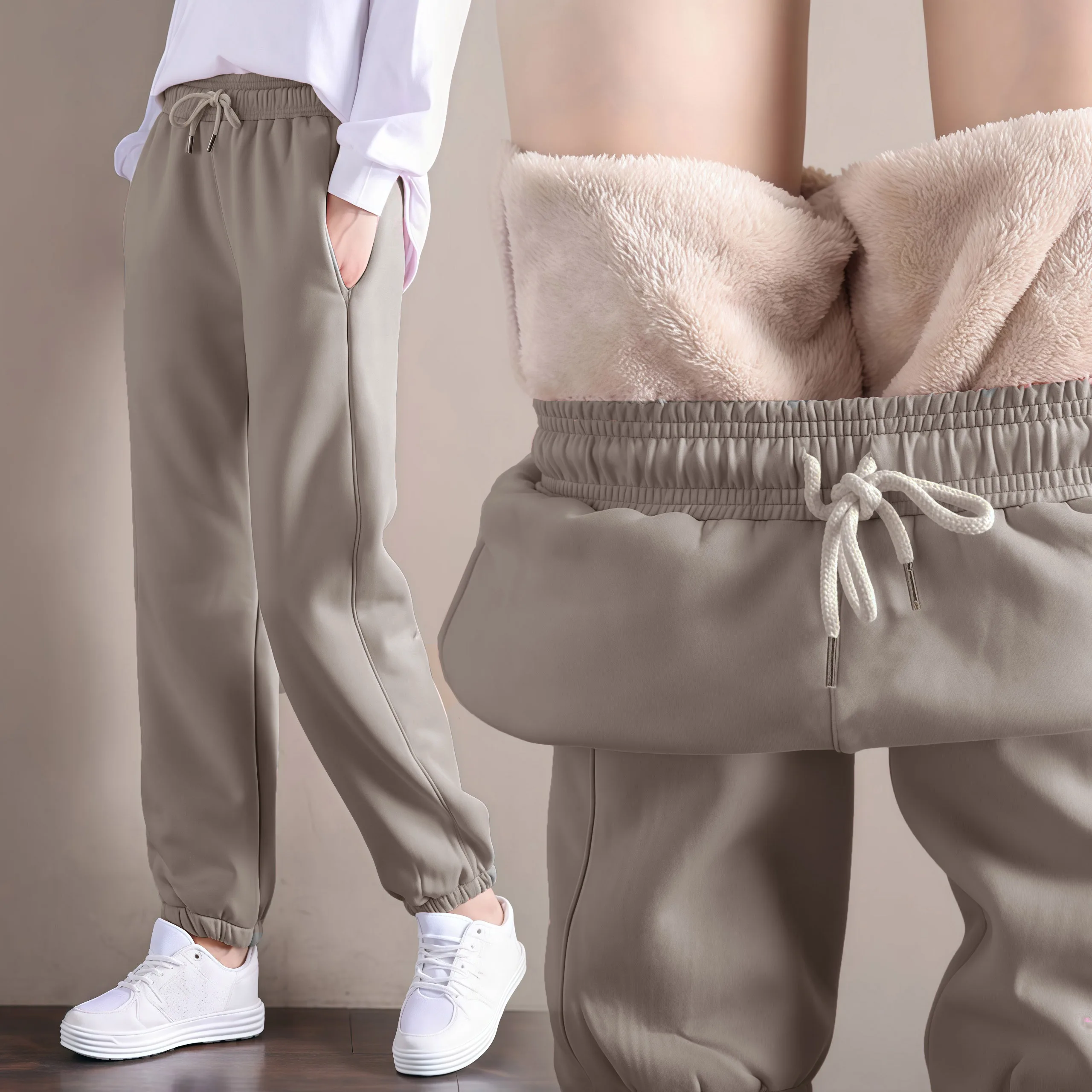 女性の冬の暖かいパンツレディースソリッドカラーファッショナブルカジュアルベルベットポケットストラップ付き暖かいパンツサーマルパンツ