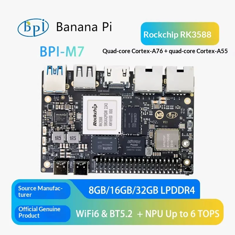 Banana Pi BPI-M7 Rockchip RK3588 Octa Core 64Bit 6TOPS NPU AI Development Board Supports DeepSeek LLM