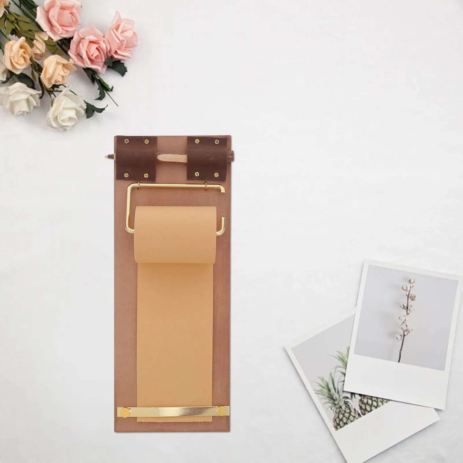1set-wall-mounted-vintage-memo-note-holder-paper-roll-clipboard-board-with-wooden-pen-refillable-note-roll-for-home-kitchen