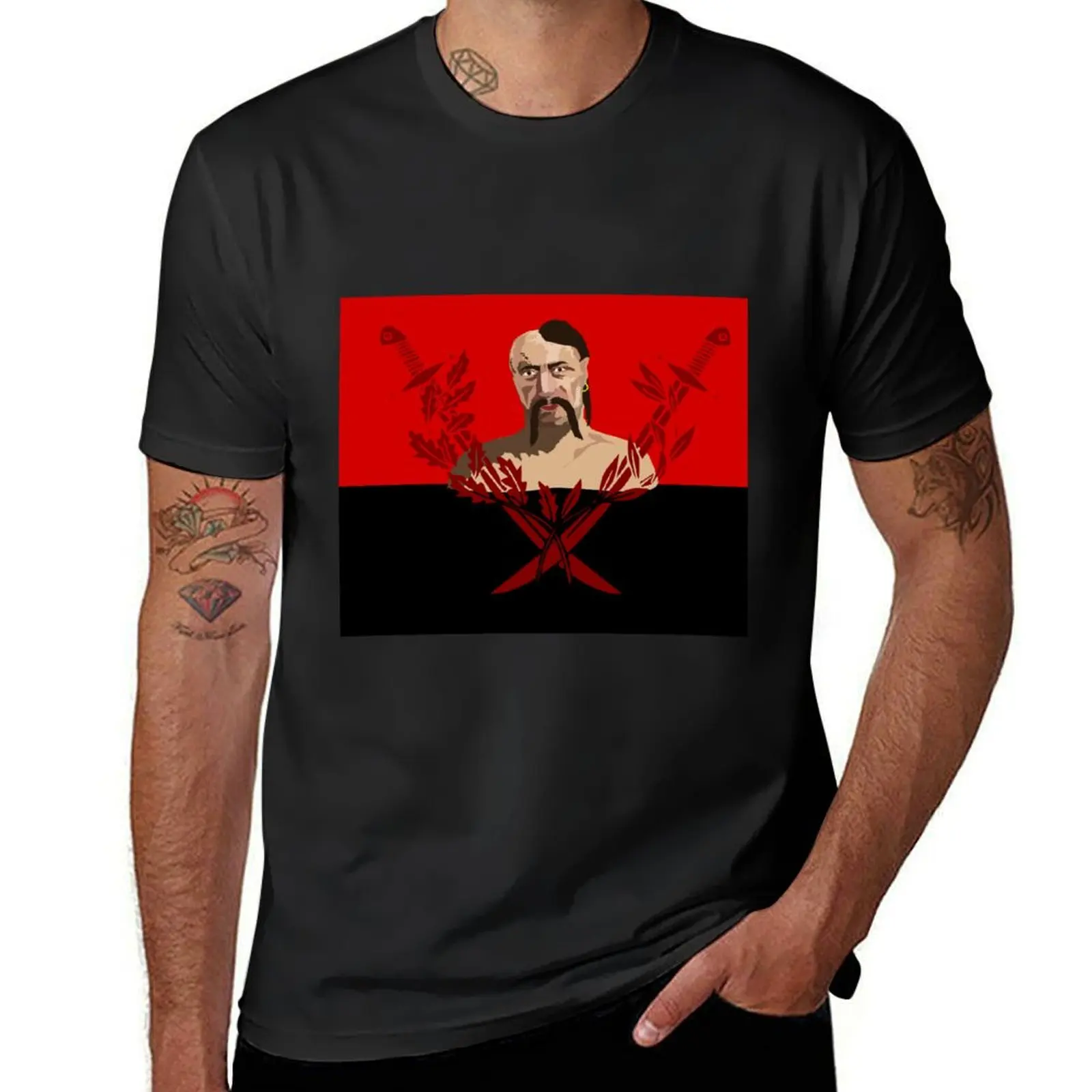 Cossack on red and black flag T-Shirt summer top kawaii clothes oversized black t shirts for men