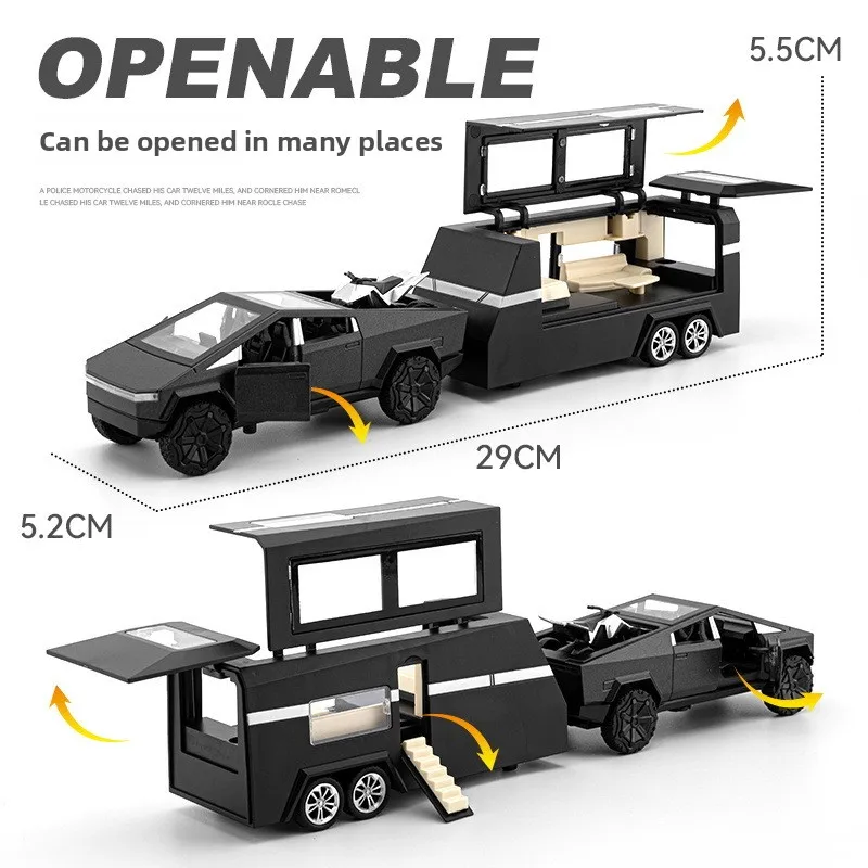 Simulazione 1:36 Pickup Camper Modello in lega Rimorchio da campeggio Veicolo giocattolo Suono e luce Pullback Bambini Ragazzo Regalo in miniatura