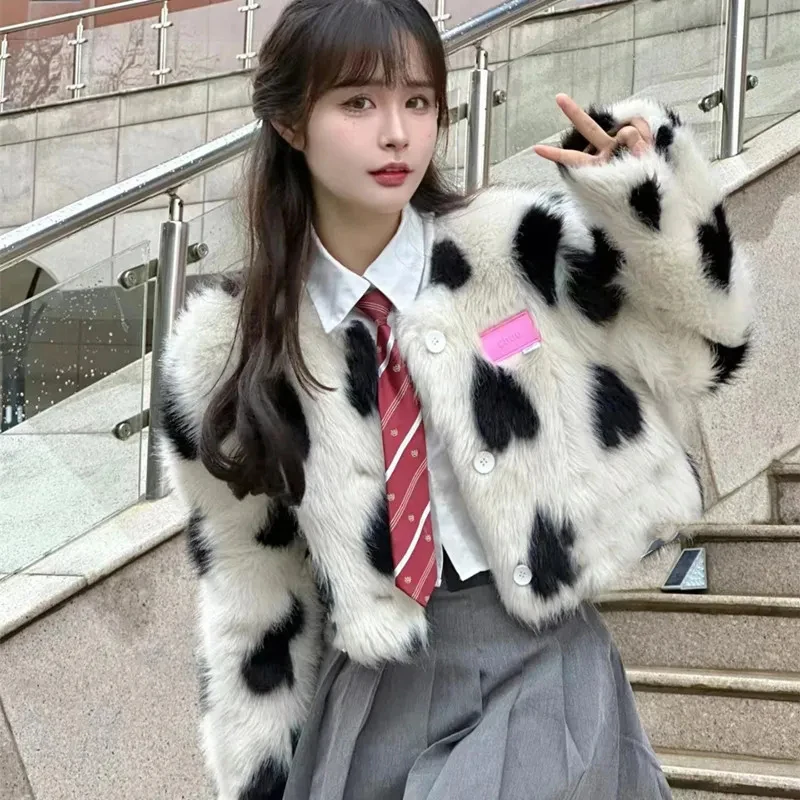 Korean Faux Fox Fur Crop Coats Women Y2K Streetwear All Match Love Hairy Fur Jackets Winter Thick Sweet Preppy Plush Outerwear