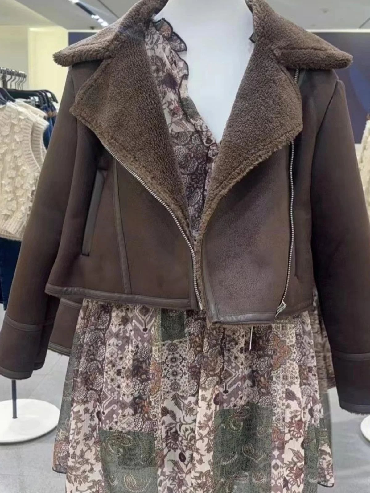 Chaqueta corta de manga larga con cuello de doble cara uesa estilo motocicta para mujer prendas de vestir exteriores fib...