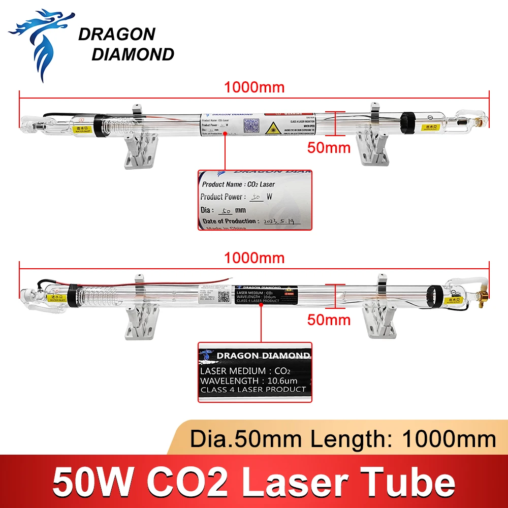 หลอดเลเซอร์ Co2 Dragon Diamond 50W ยาว1000มม. โคมไฟเลเซอร์แก้วสำหรับ Co2เครื่องตัดแกะสลักเลเซอร์ชุด K40