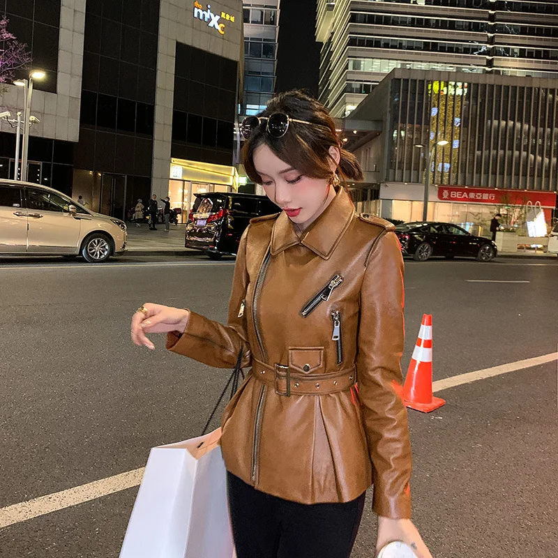 Women\'s Jackets 2024 Winter Real Sheepskin Korean Style Waist Closing Belt Slim Zipper Motorcycle Suit Collar Veste Femme Marron