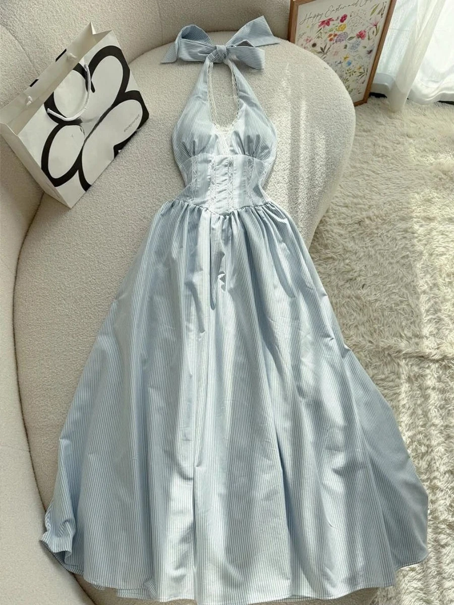 Gothic Vintage Sexy rückenfreies Spitzen-Midikleid, hohe Taille, elegantes Neckholder-Kleid, Sommer-Outfits, schlankes Bandage-Y2k-Kleid, schick