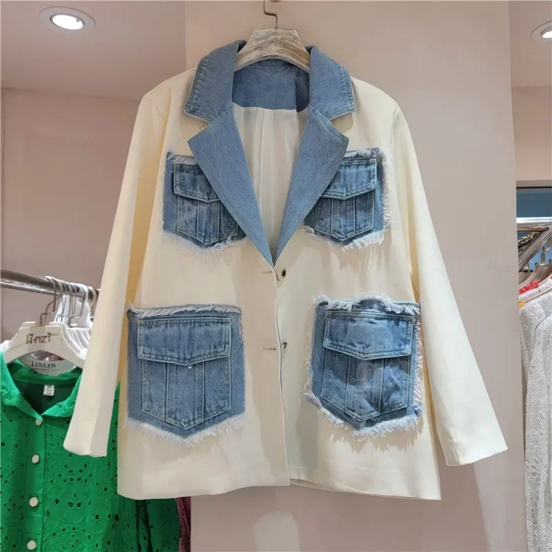 Spring Casual Frayed Burrs Cowboy Pocket Stitching Suit Jacket Women Loose Denim Notched Collar Long Sleeve Female Blazers Coat