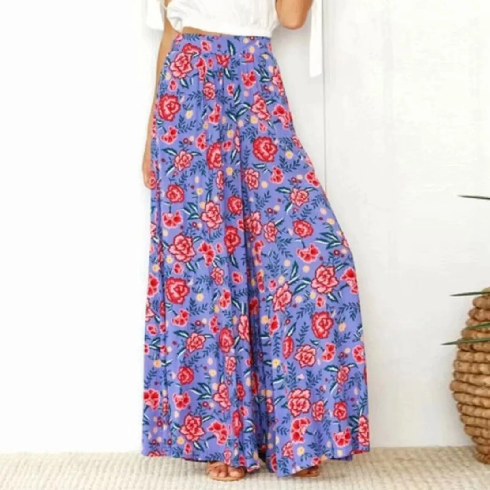 

Summer Bohemian Wide Leg Pants Flower Printed Loose High Waist Long Pants Women Casual Ethnic Style Trousers