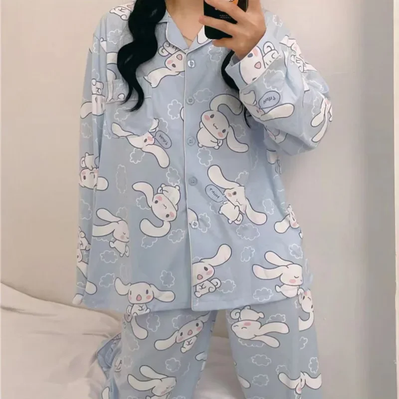 Sanrio Kuromi Cinnamoroll pijama dos desenhos animados para mulheres, conjunto de pijamas de 2 peças, terno de manga comprida feminino, moda fofa,