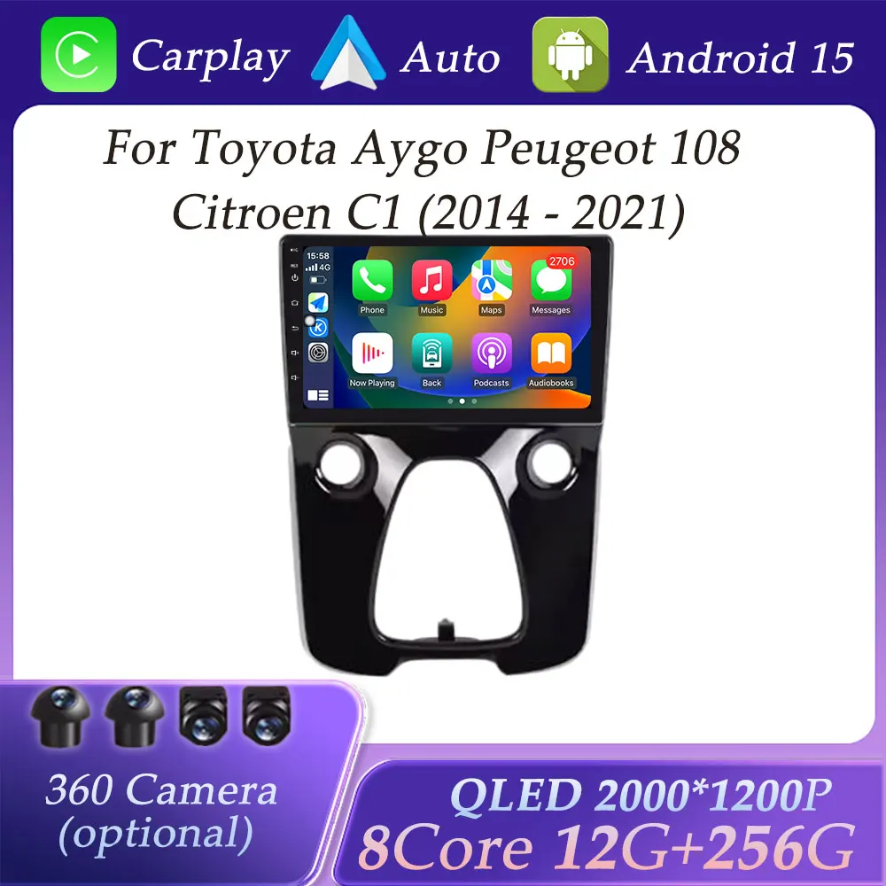 GPS Navigation for Toyota Aygo Peugeot 108 Citroen C1 2014 - 2021 CarPlay Car Radio Multimedia Player DSP Stereo QLED Screen BT