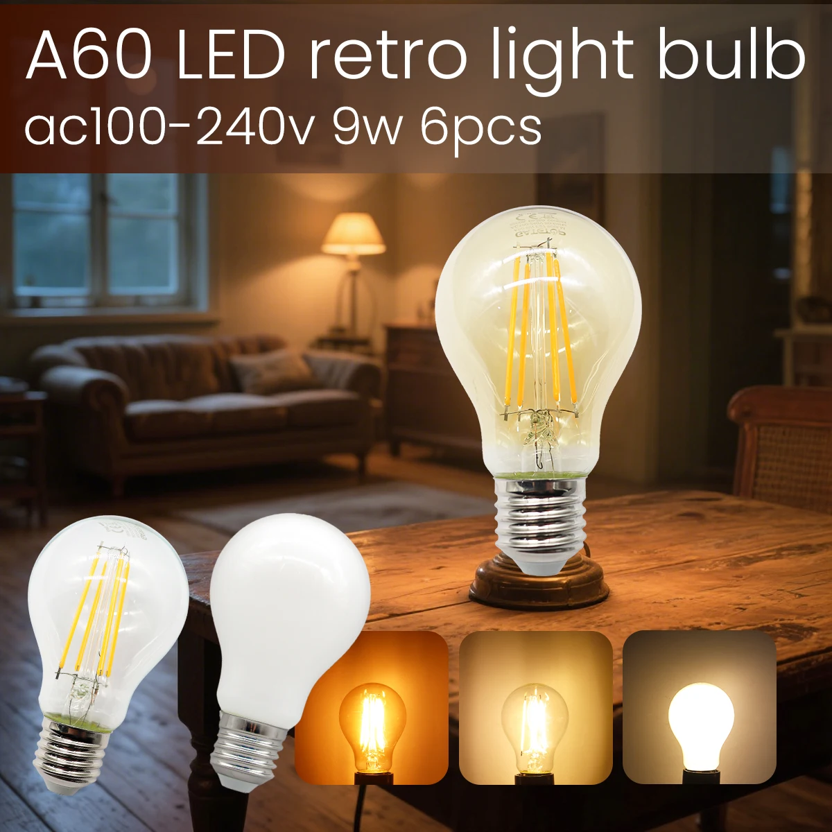 

6PCS Led Edison Filament Lamp A60 9W E27 Energy Saving 2200K Gold Clear Glass Light Bulb 220V 120V Vintage B22 E14 LED GU10