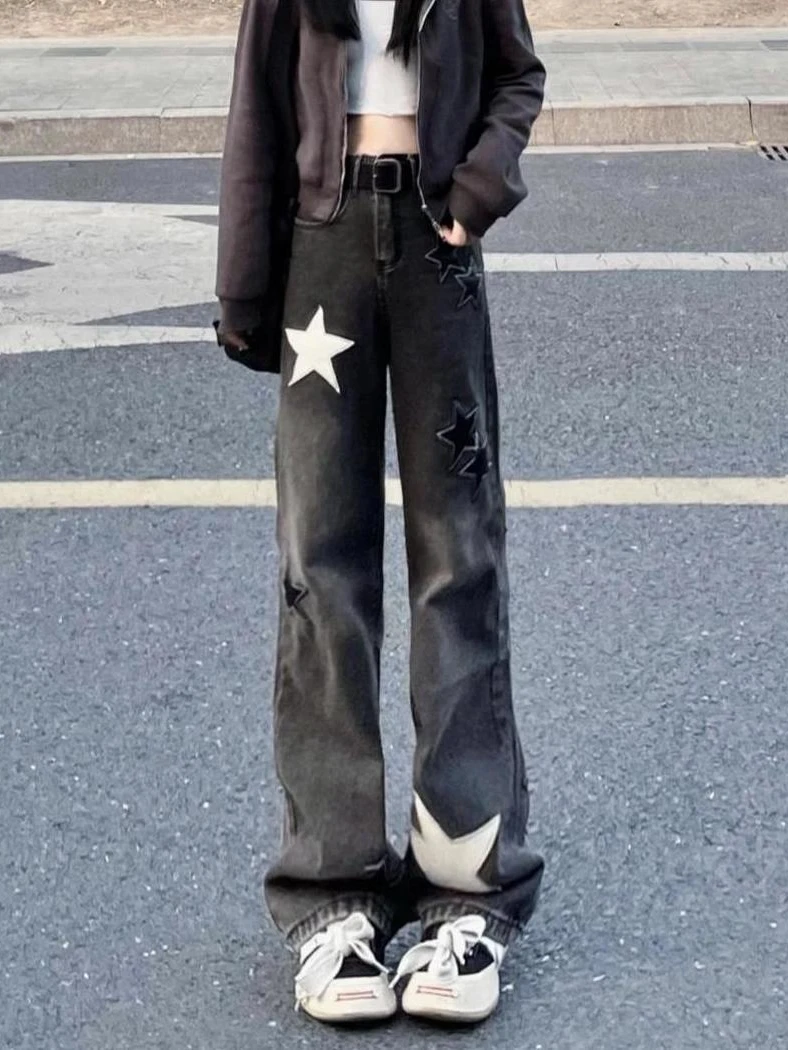 

Джинсы с высокой талией и широкими штанинами для женщин, модный дизайн, большие размеры, облегающие, свободные, длинные брюки, стиль High Street Stars