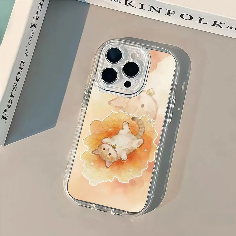 Warm Watercolor Bell Cat Phone Case For iPhone 13 14 15 12 11 16 18 17 Pro Max 7 8 15 16 Plus 18 17 X XS XR Air Mirror TPU Cover view 2