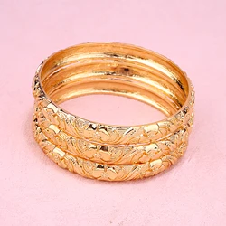 Carved Flower Metal Bangles Gold Plated Dubai Arabic Luxury Women Cuff Bangles Bridal Jewelry Layered Bracelets for Girls