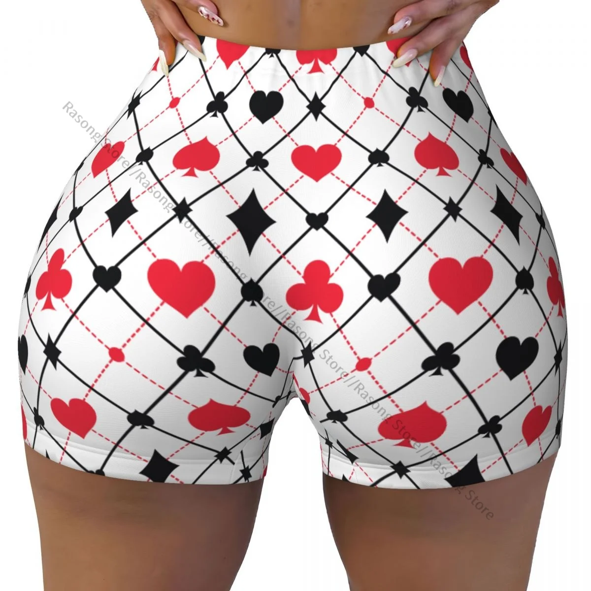 กางเกงขาสั้นโยคะผู้หญิงลายไพ่โป๊กเกอร์ กางเกงออกกำลังกายแห้งเร็ว กางเกงวิ่งออกกำลังกาย กางเกงกีฬา