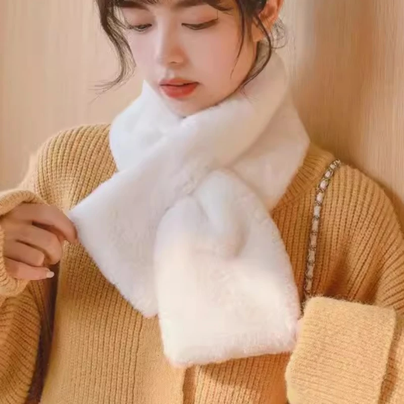 Women Winter Warm Thicken Scarfs Solid Color Faux Rabbit Fur Plush Cross Collar Scarf Shawl Elegant Warm Soft Comfortable Scarf