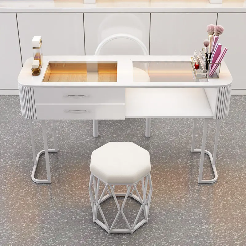 Manicure Table White Glass View‑Through Tabletop Mobile Drawer Cabinet Large Storage Single Workstation Nail Salon Work Desk