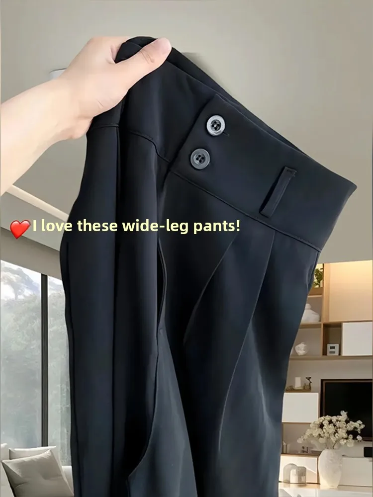 

Черные широкие брюки, женские свободные повседневные брюки с высокой талией, прямые брюки с эффектом драпировки, весна-осень, большие размеры