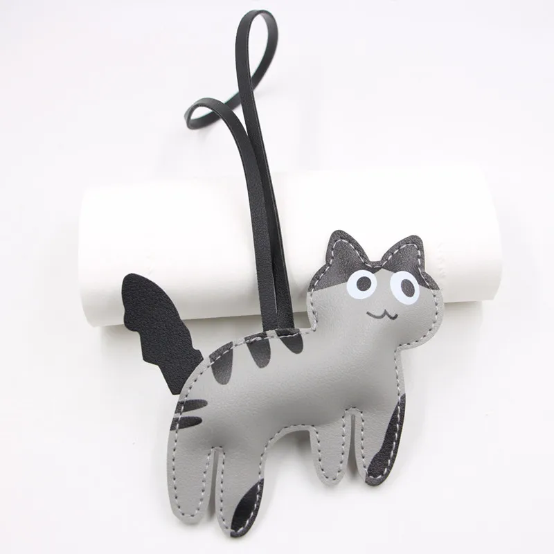 Fashion PU Leather Cat Pendant Keychain Cute Animal Keyring Women Bag Charm Handbag Hanging Decoration For Girl Gifts