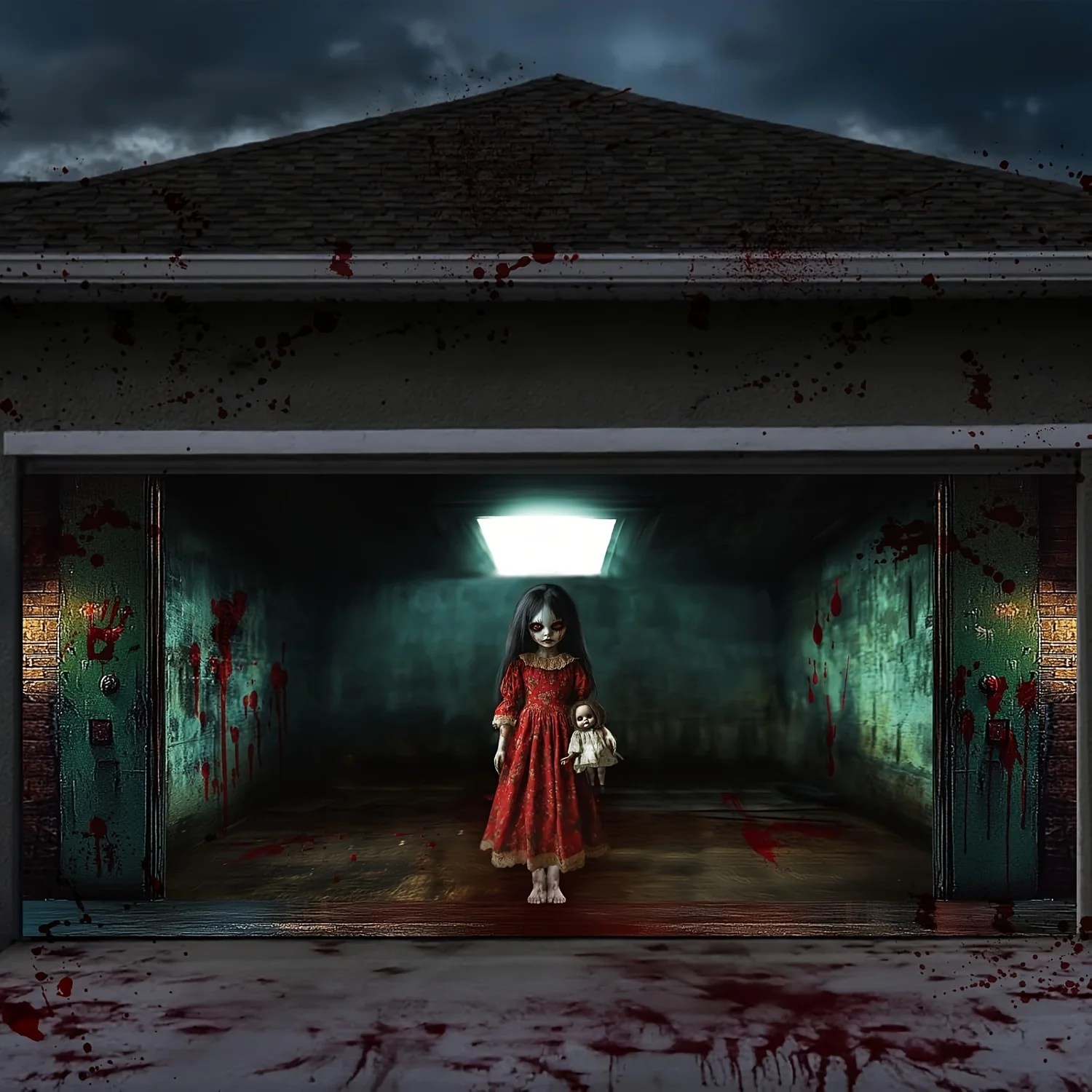 لافتة باب جراج كبيرة للهالوين - تصميم لفتاة دمية إيري معلق لخلفية رذاذ الدم، بوليستر متين #4