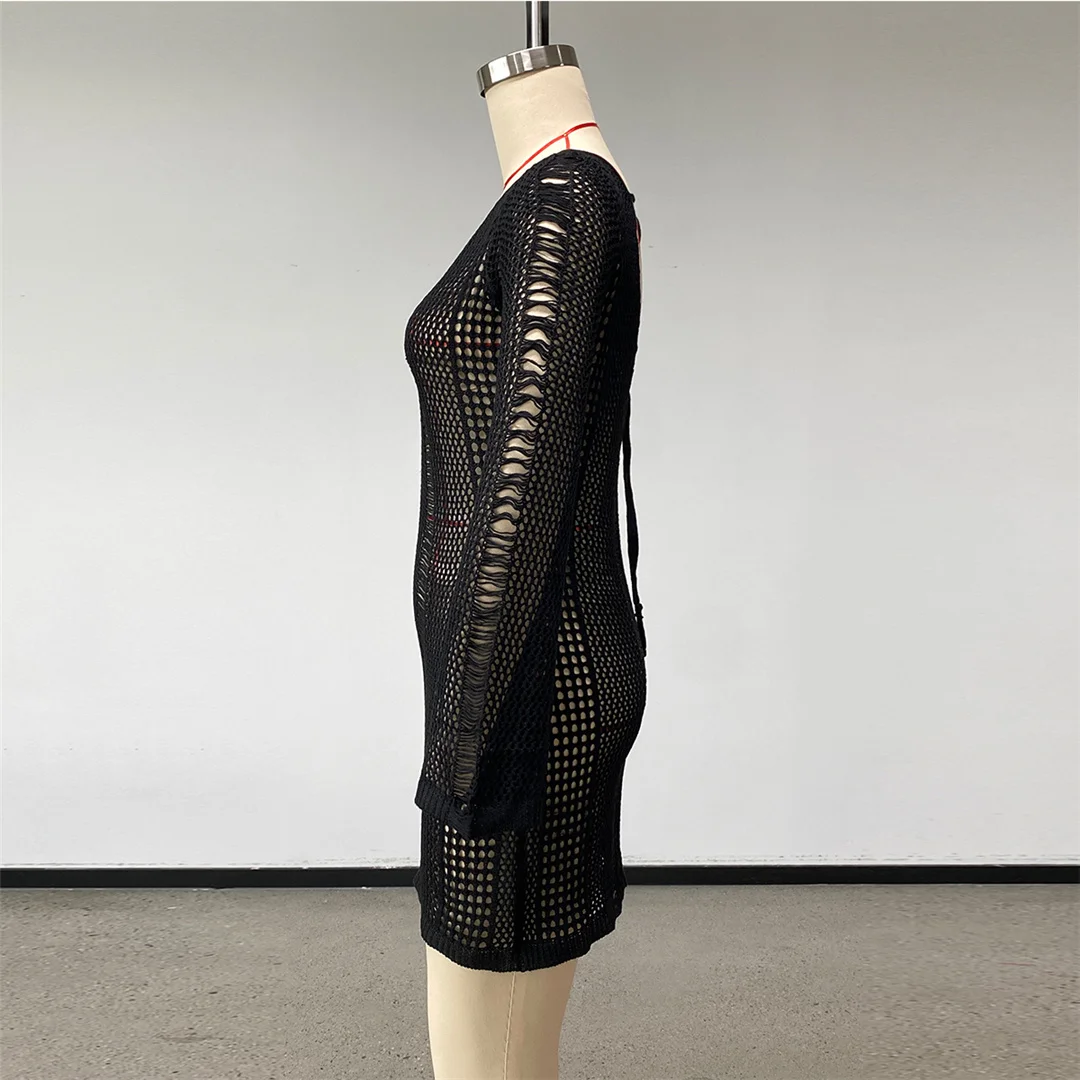 2026 Langarm-Schulterfreies Häkel-Strick-Tunika Strand-Überwurf Strandkleid Strandmode Damen V8330 – Detail 18