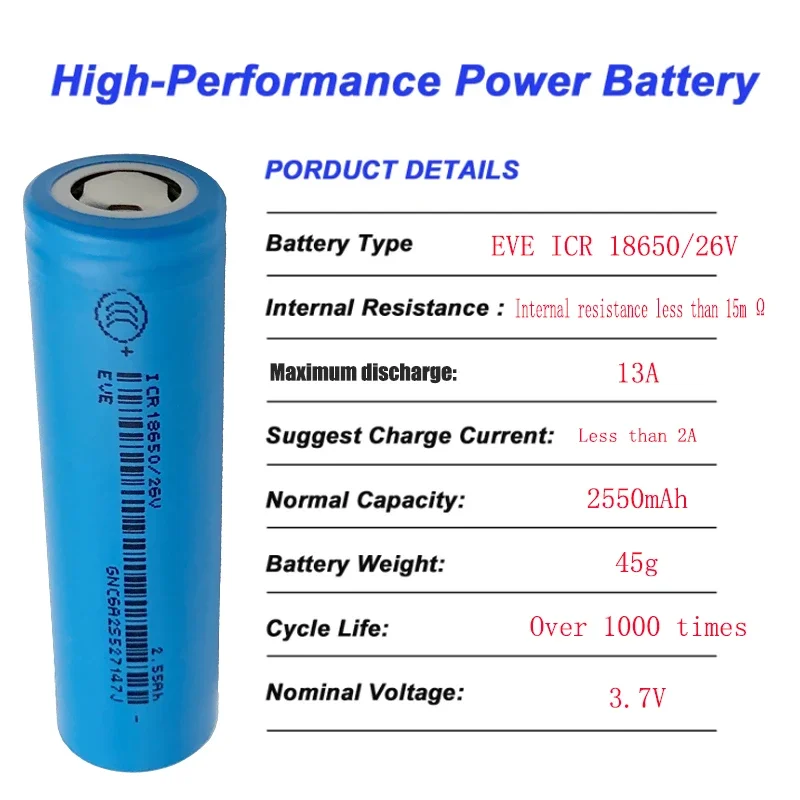 3.7V 2600mAh EVE ICR 18650/26V lithium battery,Brand new original 5C power battery，Real capacity，electric drill，Assemblable cell