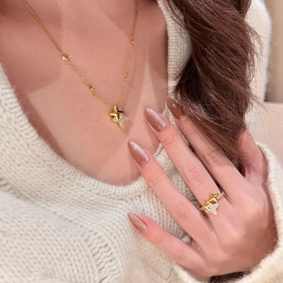 Inspiration luster full diamond four pointed star earrings for women sweet art light luxury and elegant wedding jewelry sets