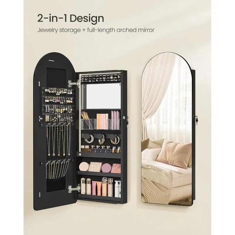 Wide Jewelry Organizer, LED Jewelry Cabinet Wall/Door Mounted, Arched Mirror with Storage, Lockable, Rounded Corner, Interior