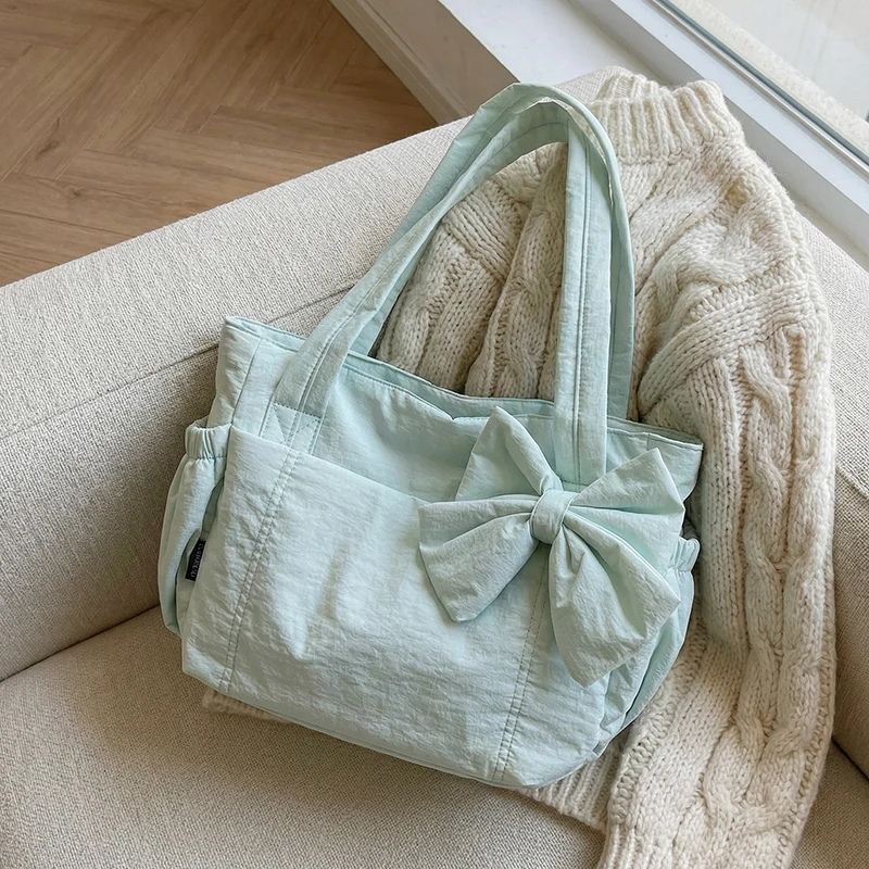 

Легкая мятная нейлоновая сумка-тоут с милым бантом и верхней ручкой, большая вместительная свежая милая женская сумка в стиле девушки, повседневная повседневная сумка для поездок на работу для женщин