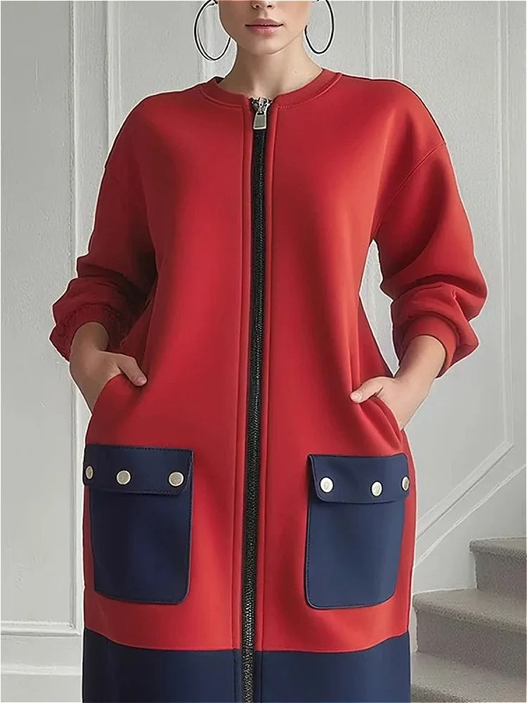Modigirl Contrast Color Long Sleeves Dresses for Women Winter Spring 2025 New Stylish Red Pockets Zipper Woman Midi Casual Dress