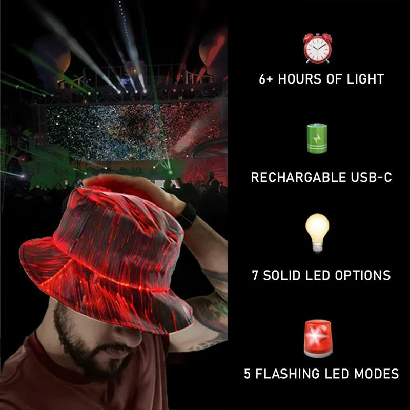 LED Fiber Optic Neon Fischer Hut Leuchtende Farbwechsel Eimer Hut Nachtclub Konzert Bar Requisiten Hiphop Dance Bühne Zeigen Dekor – Detail 7