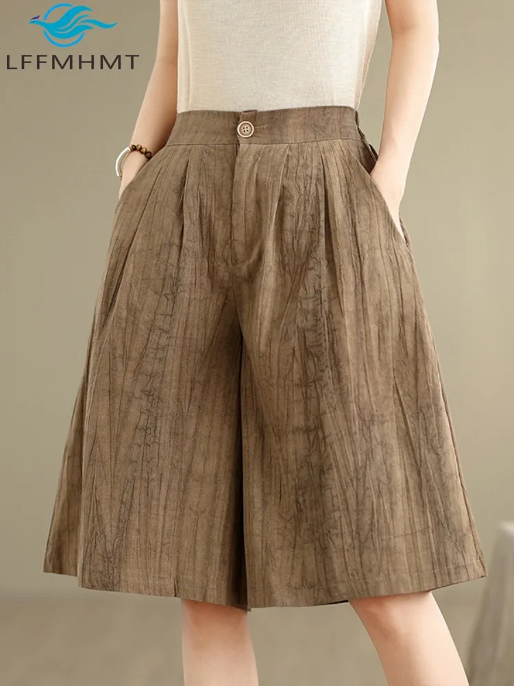 Good Quality Vintage Yarn Dye Cotton Linen Women Shorts Summer Fashin High Waist Solid Color Simple Versatile Half Length Pants