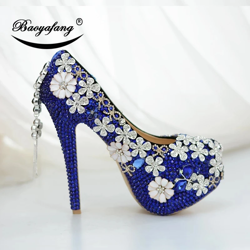 Women Crystal Wedding Shoes Luxury Royal Blue Bridal Party Dress Shoes Platform shoes for Ladies Flowers Thin Heels Pumps 14cm