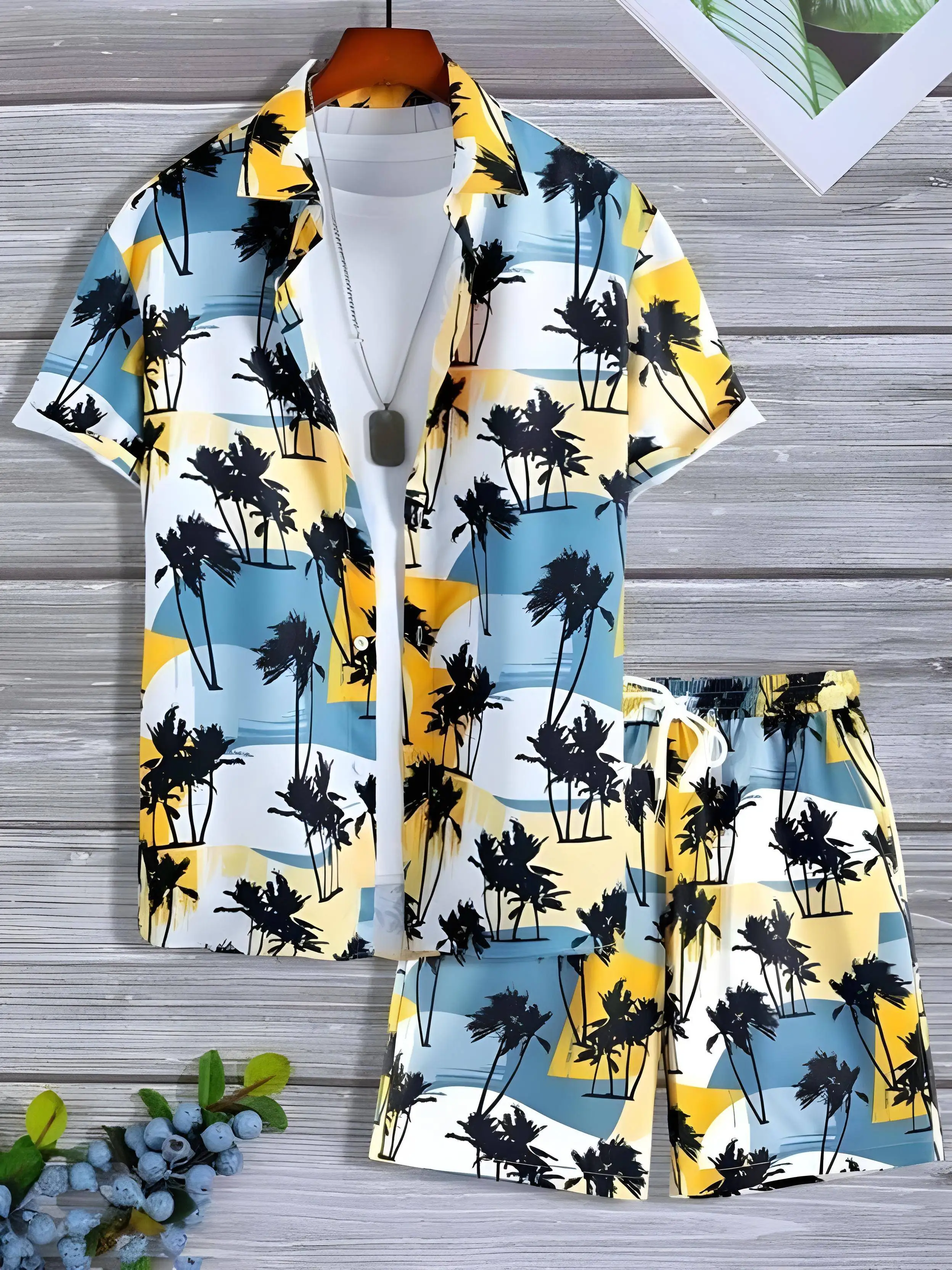الرجال الصيف شجرة النخيل النباتات الاستوائية قميص قميص هاواي صيفي 2 قطعة مجموعة قصيرة الأكمام السراويل التلبيب الاستوائية موضة عطلة عادية #5