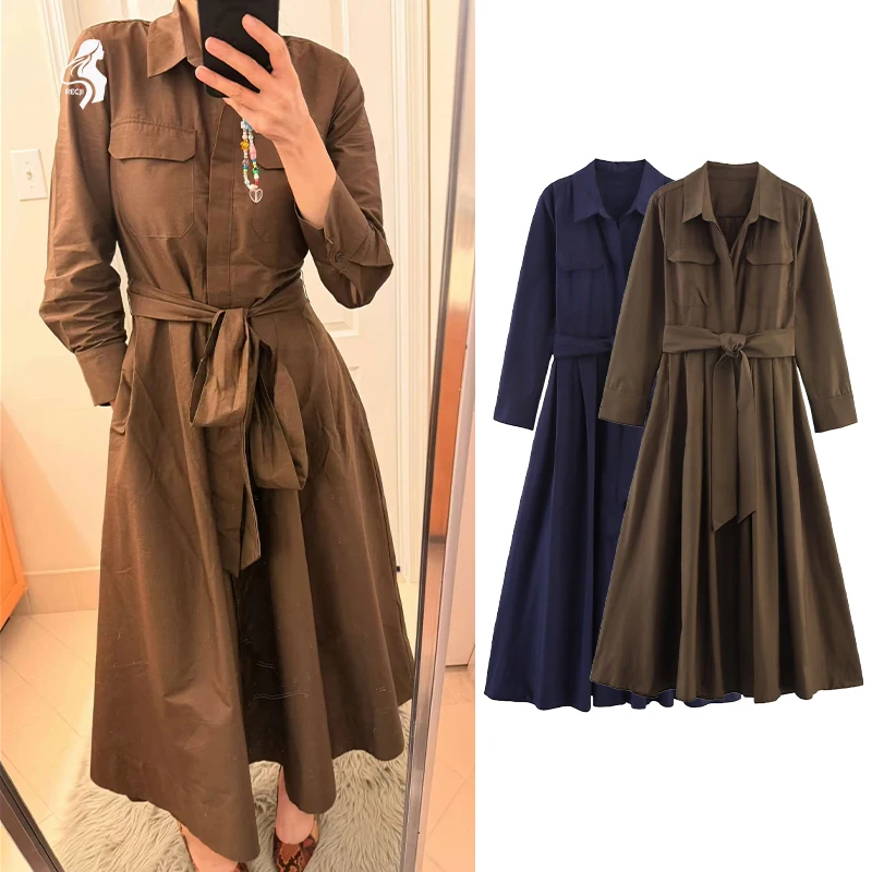 فستان قميص نسائي أنيق بنمط الخصر وأكمام طويلة وياقة حزام، فستان عملي مناسب للعمل والارتداء غير الرسمي