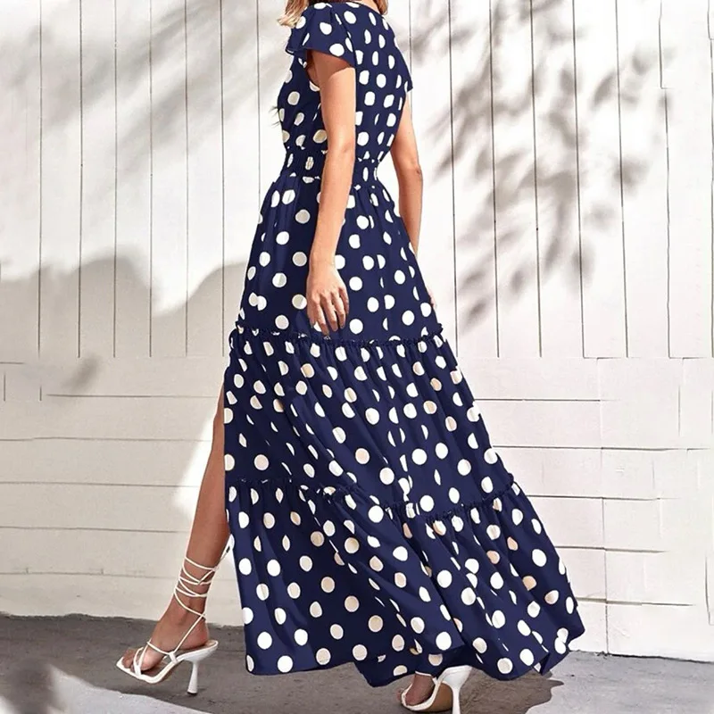 Summer New Women's Fashion V-Neck Short Sleeve Side Split Medium And Long Polka Dot Dress