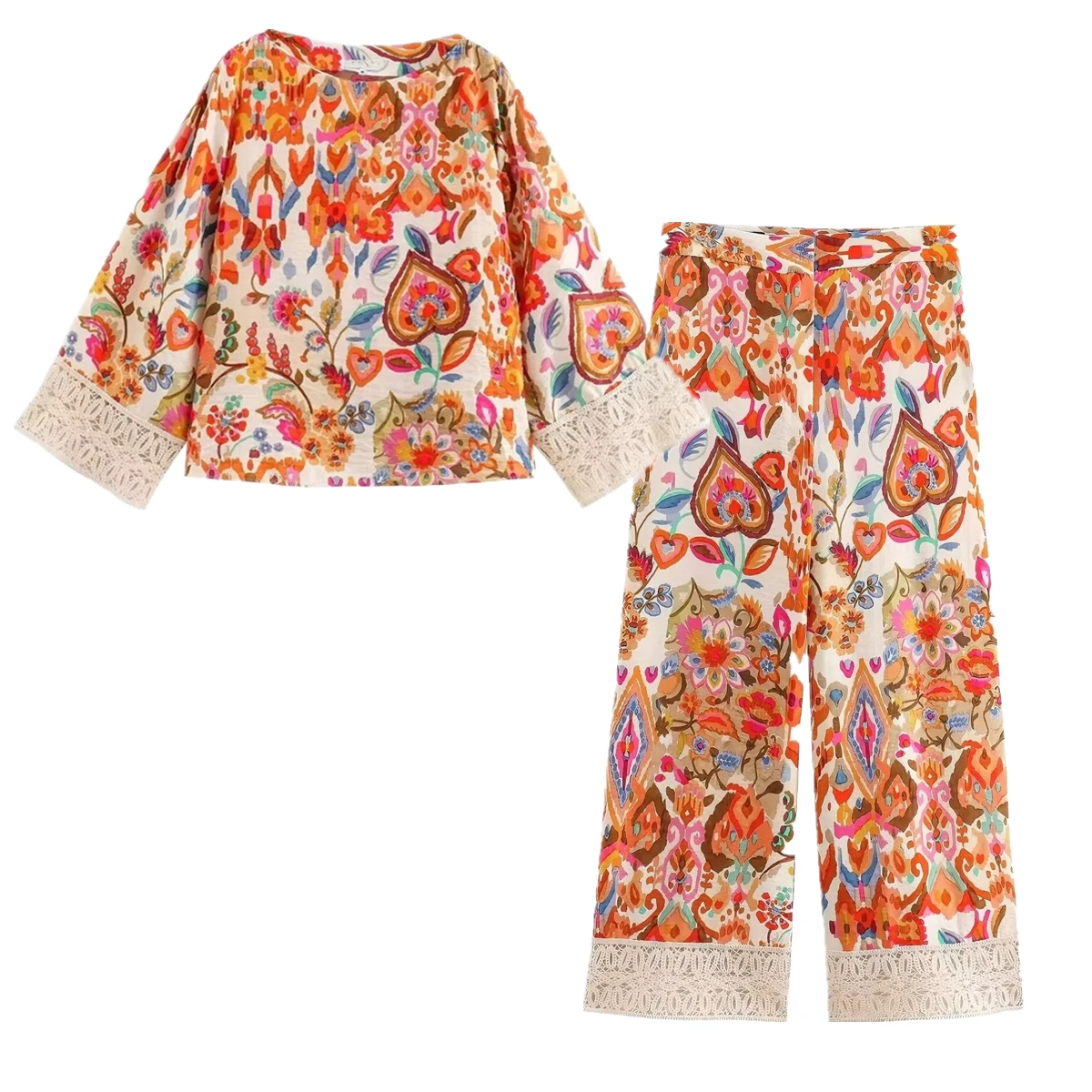 Withered  French Vacation Style Pants Set Women Floral Print Lace Patchwork High Waisted Loose Wide Leg