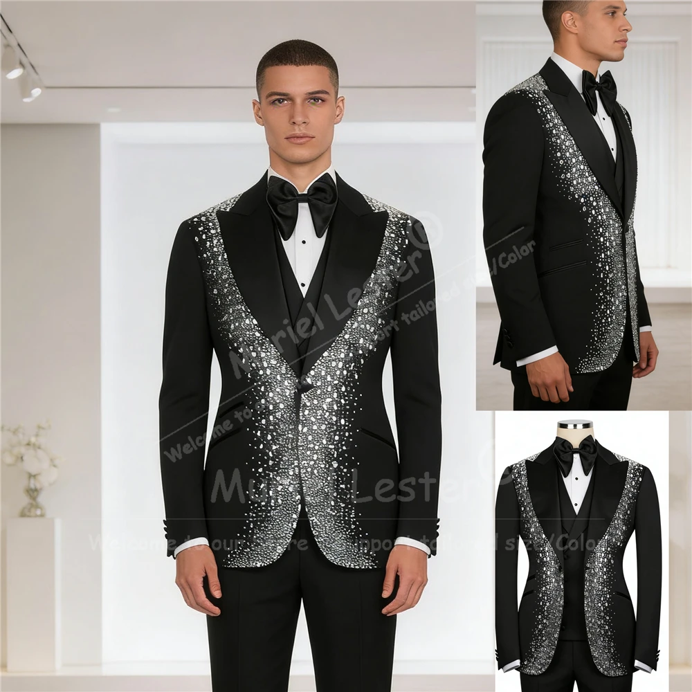 

Luxurious Beaded Crystals Suits Men 3 Piece Set Single Breasted Jacket Vest Pants Customized Groom Wedding Tuxedos Man Outfits